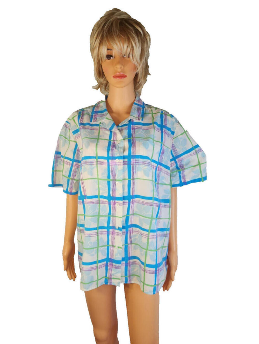 Karen Scott, 2X, Top, Blue Plaid, 100% Cotton, Button Up